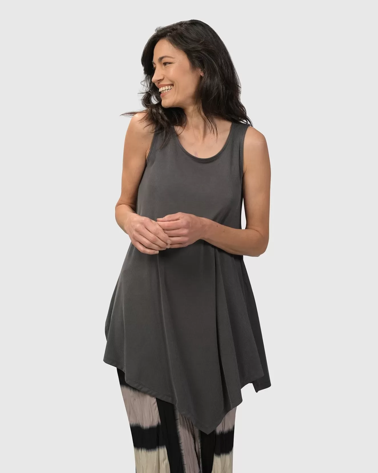 * Tanks>Alembika. Essential Joy Sleeveless Tunic Top. Mid-Grey