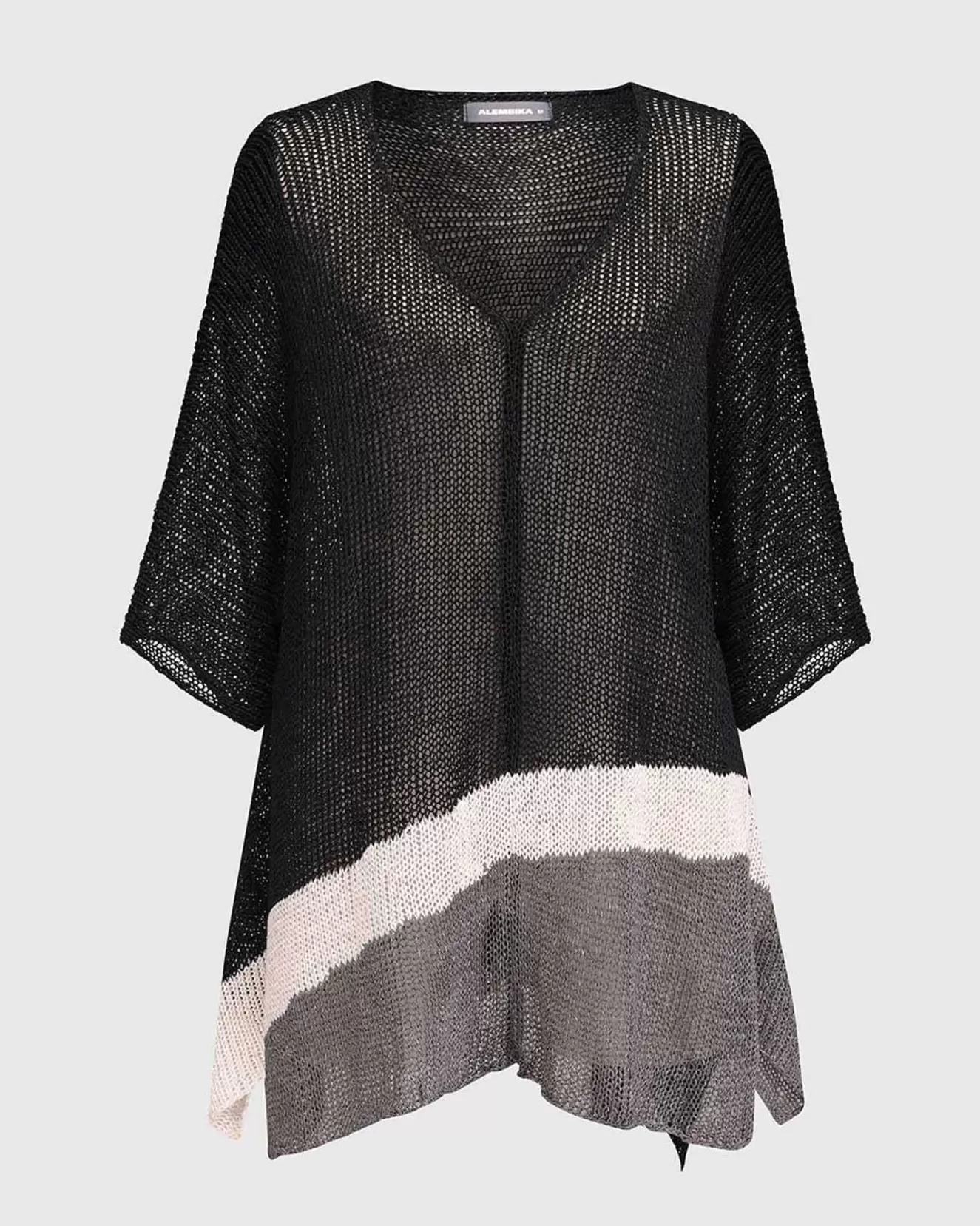 * Sweaters>Alembika. Open Knit Asymmetrical V-Neck Sweater. Black