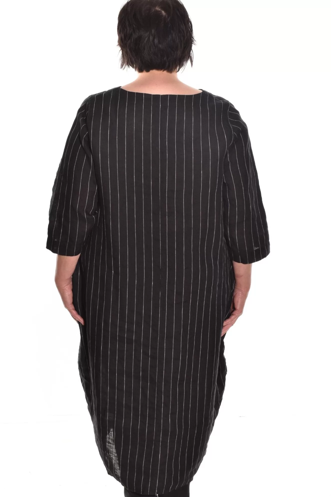 * Tunics>Cheyenne. Notch Neck Pin Stripe Bubble Tunic. Black-White