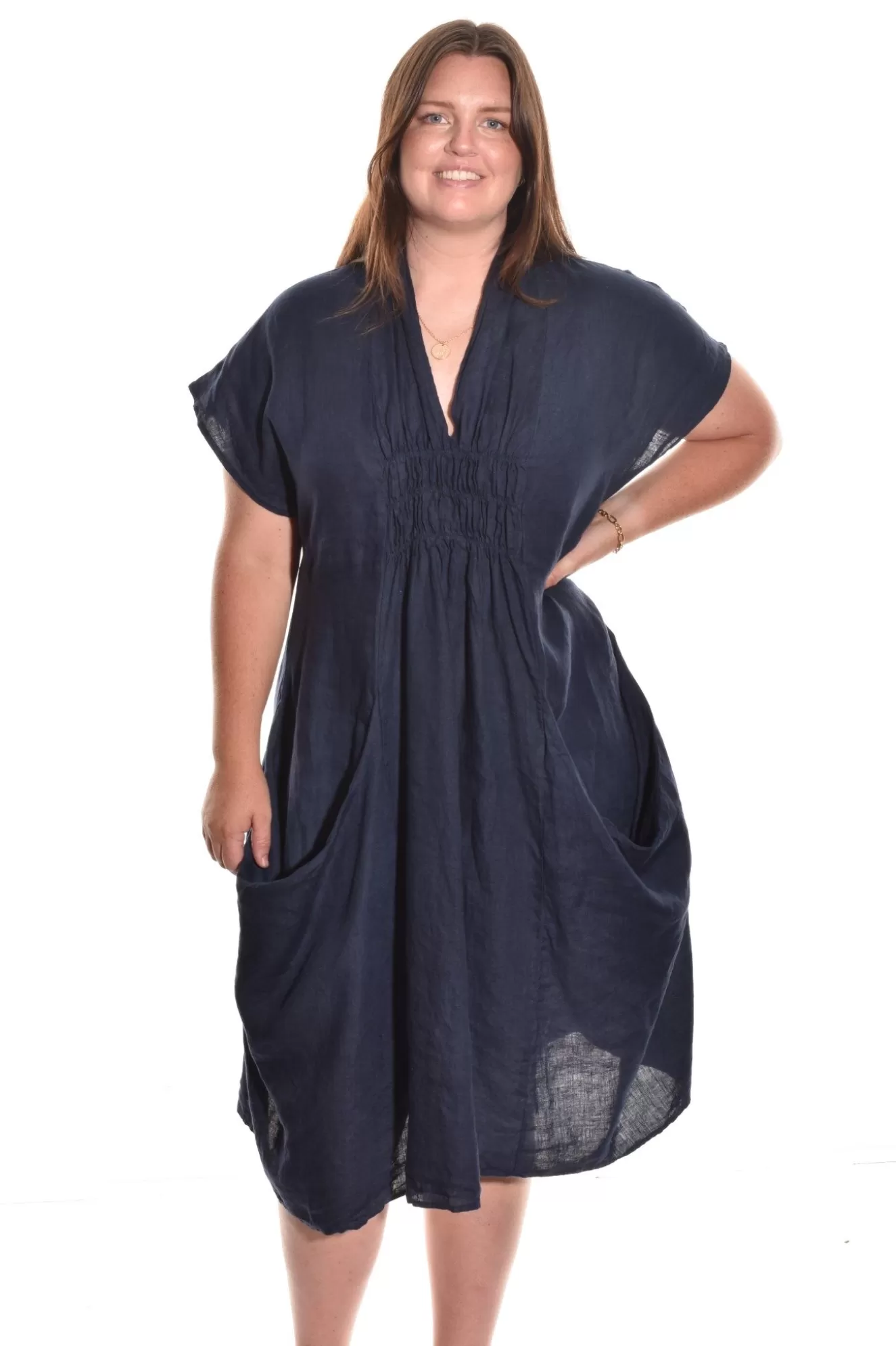 * Tunics>Luna Luz. Shawl Collar Dress. In Navy And Black. Navy-2