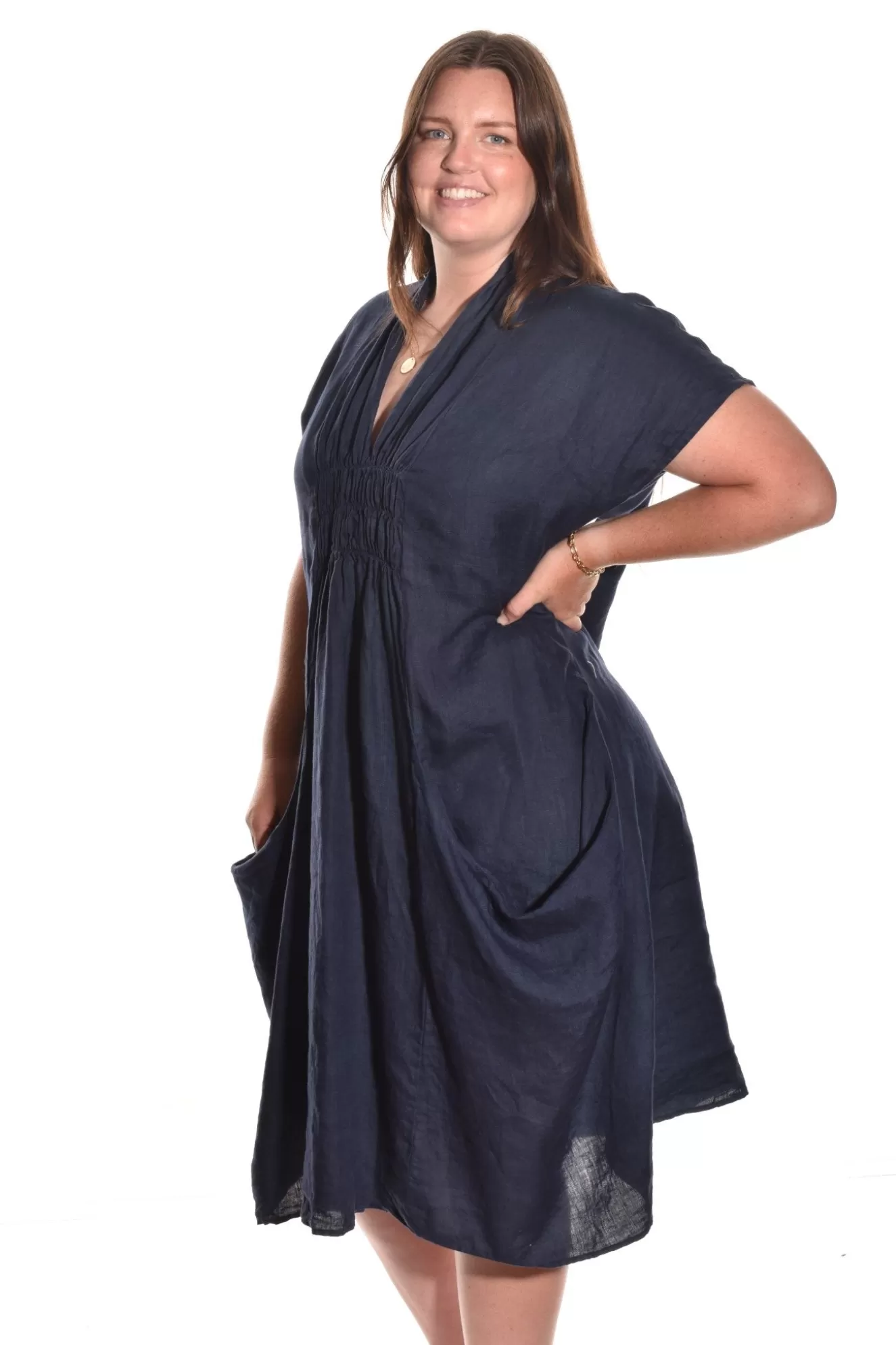 * Tunics>Luna Luz. Shawl Collar Dress. In Navy And Black. Navy-2