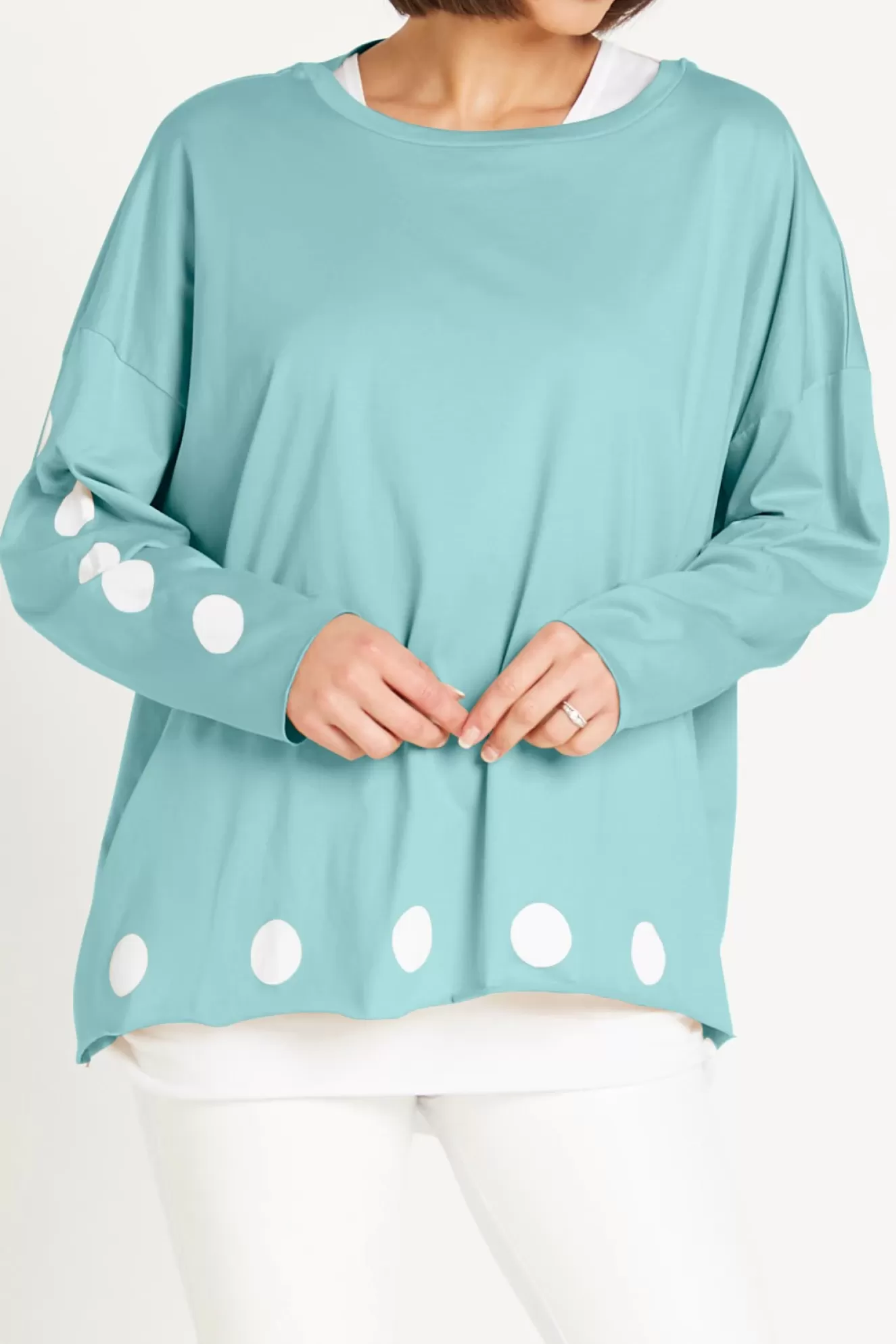 * Tees>Planet. One Size Polka Dot Boxy Tee. Nile-White